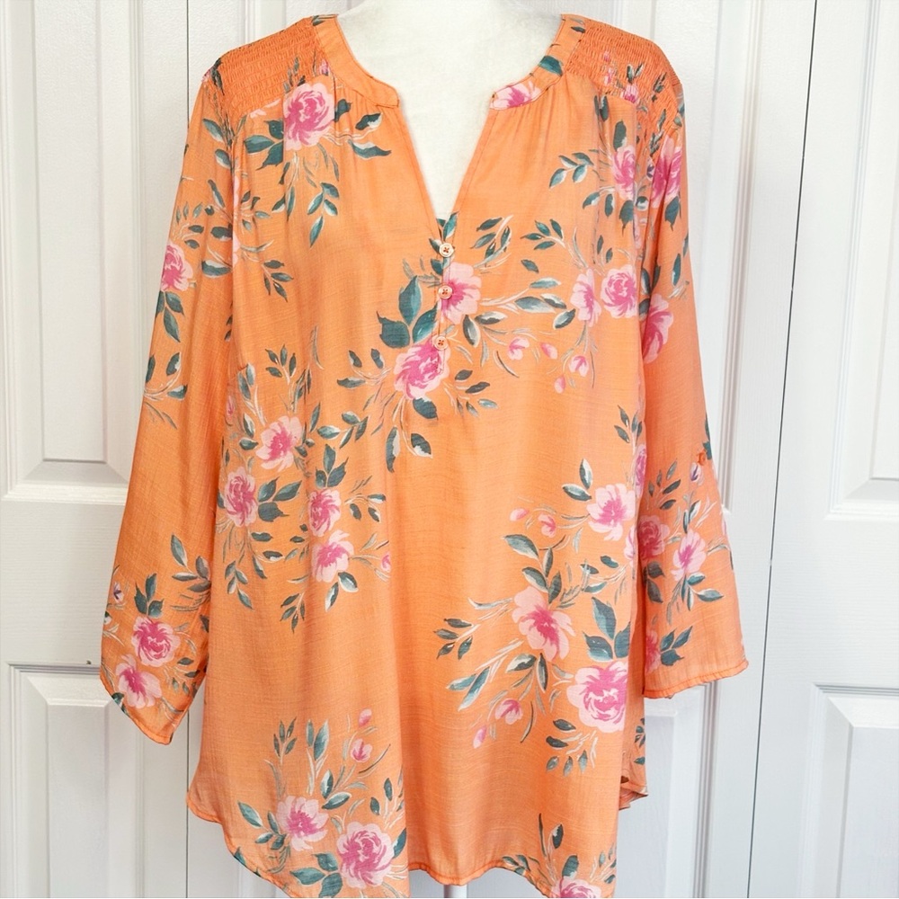 Lee Light Orange Floral Print Split V-Neck Smocked Popover Blouse 2X